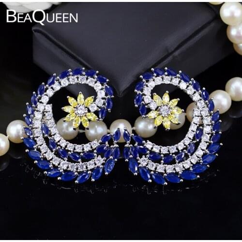 BeaQueen Beautiful CZ Marquise Cut Dark Blue Yellow Cubic Zirconia Large Stud Earrings Women Bohemia Costume Jewelry E136