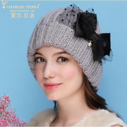 Charles Perra Women Winter Hats Thermal Bow-knot Double Layer Warm Wool Knitted Hat Casual Fashion Elegant Beanies 5531