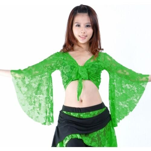 13 Colors Belly Dance Clothes Tops Women Sexy Lace Top Front Cross Crop Halter Deep V Neck Flare Sleeve Top