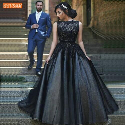 Graceful Black Long Evening Gown Scoop Lace Appliqued Tulle Sexy Formal Dress Party Sleeveless Customized Women Evening Dresses