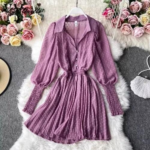 LZEQuella Sexy Button Womens Summer Dress Purple Mesh Long Sleeve Mini Party Dress Ruffle High Waist Elegant Clothes 2021