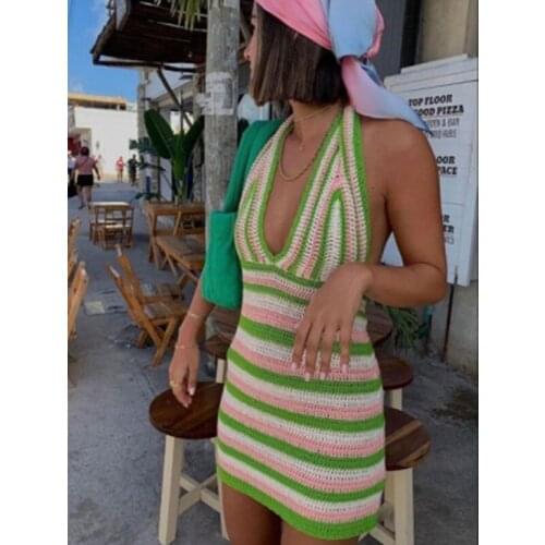 2021 Bohemian Y2K Knit Mini Dress Women Sleeveless Halter V Neck Backless Bodycon Dress Elegant Club Beach Sexy Dresses Female
