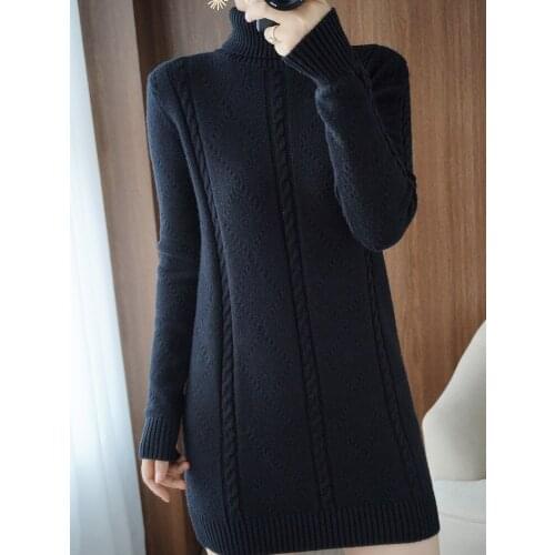 2021 Autumn/Winter New Mid-Length Sweater Dress Female High Neck Pullover Slim Fit Buttocks Korean Knit Dress With Long Sleeves