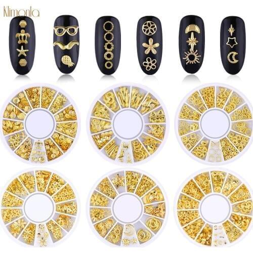 1 Wheel 3D Gold Nail Rhinestone Stud Rivets Hollow Moon Star Flower Shape Nail Art Gems Decoration DIY Salon Manicure Decors