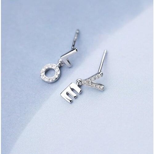 100% 925 Sterling Silver Hypoallergenic Crystal Letter Love Stud Earrings For Women Gift female Brincos Bijoux