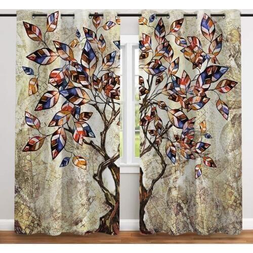 2 Pcs/set Vintage Colored Big Tree Cloth Curtain Nordic Window Blackout Curtains for Bedroom and Living Room