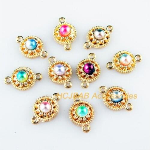 30 New Round Charms Mixed Acrylic Flower Connectors Gold Color 9x13.5mm