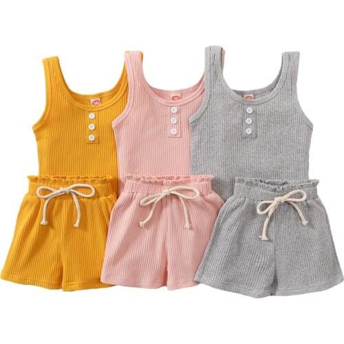 2021 0-6Y Casual Toddler Baby Boy Girl Clothing Solid Color Button Sleeveless Top Vest+Loose Shorts Summer Outfits 2pcs