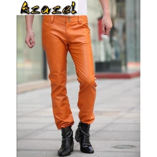 Azazel Free shipping 2020 New style Fashion leather pants Men orange Slim leather pants Nightclub male Plue Size trousers 29-39