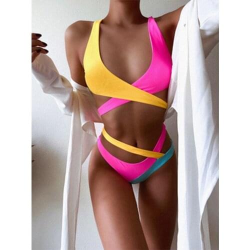 Colorful Splicing Bikini Female Swimsuit Women Swimwear Two-piece Bikini set Asymmetric Mid Waist Bather Bathing Suit Swim