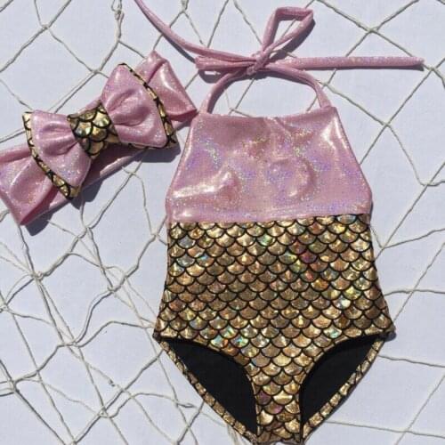 Kids Girls Mermaid Swimsuit Fancy Bow Sequins Swimmable Bikini Set Swimsuit Swimwear + Headband Bathing Costume