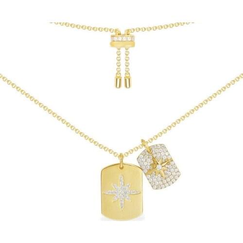 Luxury Real 925 Sterling Silver Yellow Gold Color Two Rectangles Carved Stars Pendants Adjustable Necklace Women Jewelry