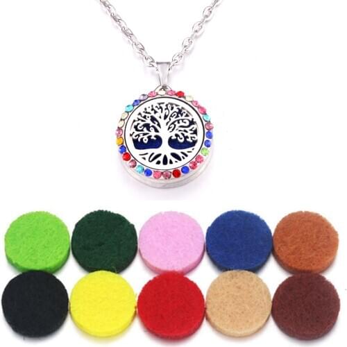 Multicolor pendant Aroma necklace tree of Life locket Essential Oils Aroma Diffuser rhinestones locket Perfume Pendant Necklace