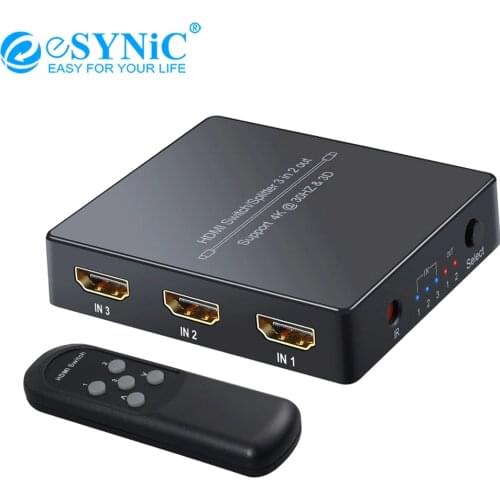 ESYNiC 3 In 2 Out HDMI-Compatible Automatical Switcher Hub 3 Port HDMI-Compatible Switch Splitter With IR Remote Support 4k 3D