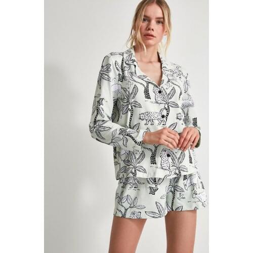 Zebra Pattern Knitted Pajama Sets Green White Black Long Sleeve Cotton Shirt Shorts Set Summer Female Clothing Home Textile Clothing Gown Sleeping Cute Animal Pattern Femme Sleepwear