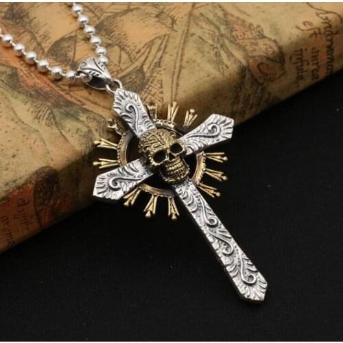 Cool Skull Cross Pendant Necklace Mens Gothic Skull Circle and Cross Necklace