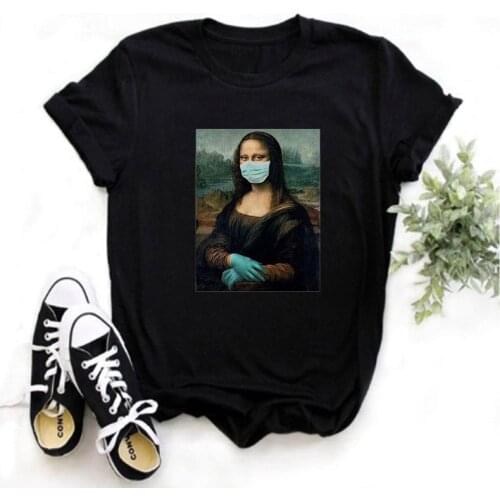 LINNA Mona Lisa Harajuku aesthetic T-shirt ladies retro Ullzang print T-shirt 90s cartoon four-color casual top