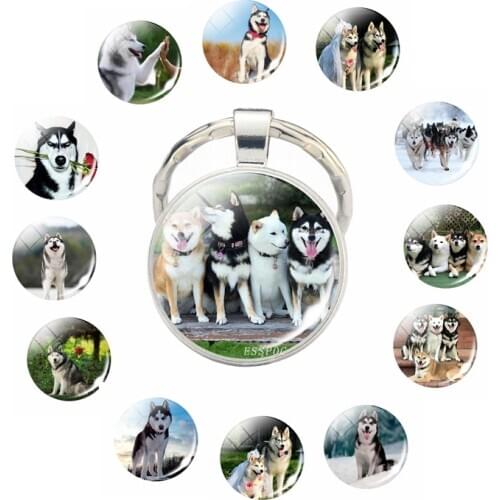 Cute Siberian Husky Keychain Jewelry Glass Dome Dog Keychain Pendant Fashion Jewelry Couple Dog Keyring Gift For Animal Lovers