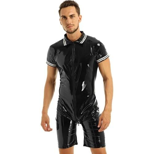 Men Lingerie Bodysuit Black Sexy Wetlook Patent Leather Short Sleeve Front Zipper Erotic Catsuit Fetish Gay Costumes Clubwear