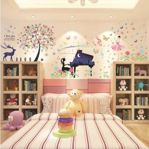 New piano girl dance girl snowflake star deer living room bedroom large composite wall sticker