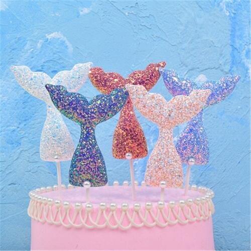 New Mermaid Shining Happy Birthday Cake Topper for a Cake Gold Glitter Fish Tail Cake Flag for Birthday Party Baking Decoration