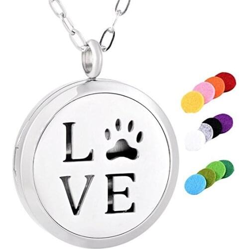 IJP0132 Wholesale 5PCS 316L Stainless Steel LOVE PAW Pendant Necklace for Pet Essential oil Diffuser Necklace