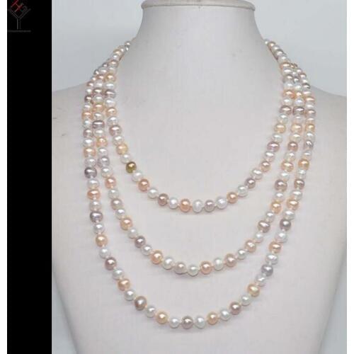 Wedding Women Jewelry 120CM / 47inch Necklace 7-8mm white pink purple mixed Pearl oval Round Natural Freshwater Pearl
