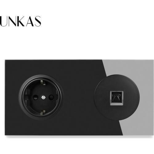 UNKAS Crystal Tempered Glass Panel EU Standard Wall Socket RJ11 Telephone Connector Phone Jack Socket Knight Black