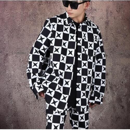 Fashion shirt men long sleeve shirt and pants set Black and white checkered print shirt mens personality stage singer dance b596