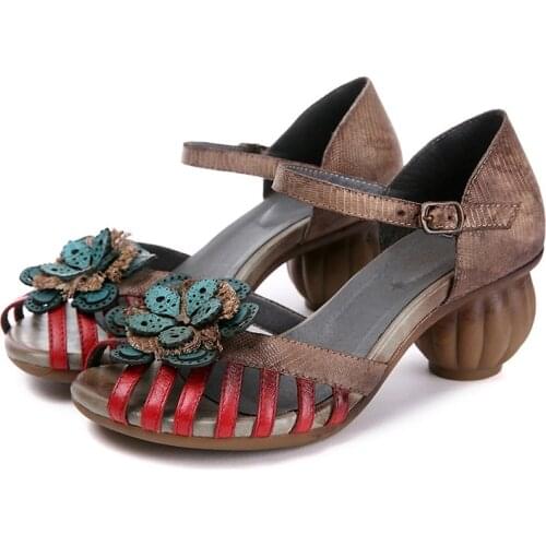 Female Genuine Leather Retro Buckle Strap Casual Summer Sandals Floral Totem Strange Style Peep Toe Handmade Women Shoes Sandle