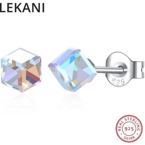 LEKANI Crystals From Swarovski Mini Simple Square Stud Earrings Real S925 Silver For Women Girls Piercing Trendy Accessories