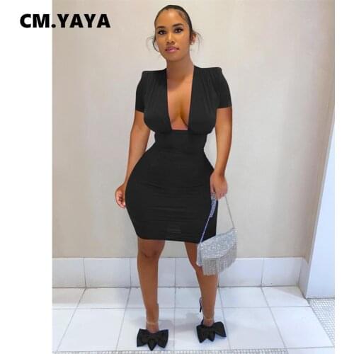 CM.YAYA Women Mini Dress Solid Short Sleeve Low V-neck Strechy Bodycon Dresses Sexy Night Club Party Vestidos Summer Outfits