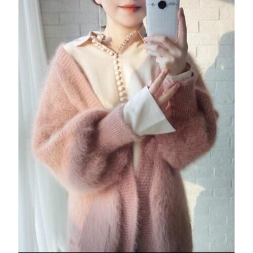 Thickened Faux Wool Long Hair V-neck Knitted Cardigan Long Lantern Sleeved Imitation Velvet Sweater Coat Tops Oversized Sweater
