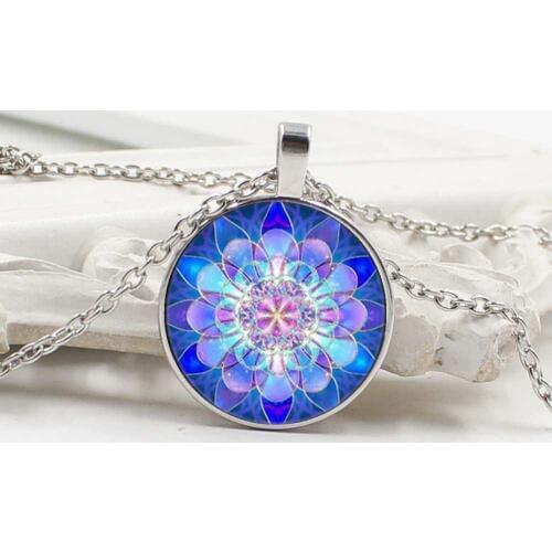 Vintage blue mandala lotus necklaces & pendant henna yoga necklace dome glass handmade jewelry om symbol buddhism zen