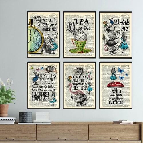 Vintage Alice Fairy Tales Wall Poster Dictionary Art Wonderland Quotes PrintsTea Party Watercolor Canvas Painting Kid Room Decor