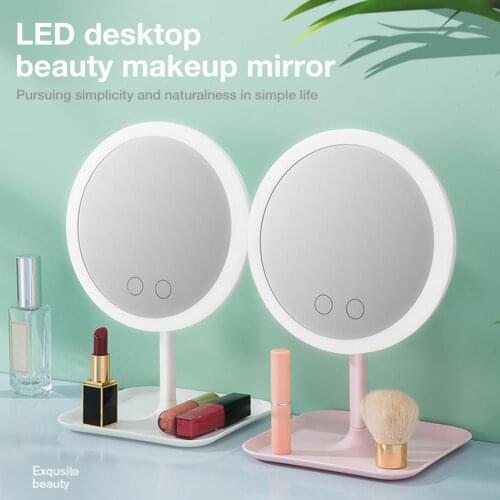 High-quality LED Makeup Mirror With Light Ladies Makeup Lamp With Storage Desktop Mirror Round Shape Cosmetic Mirrors Gift