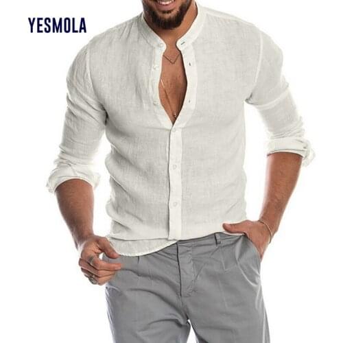 YESMOLA New Men Shirts Casual Blouse Handsome V-neck Shirts Linen Cardigan Stand Collar Long Sleeve Men Shirt Loose Tops