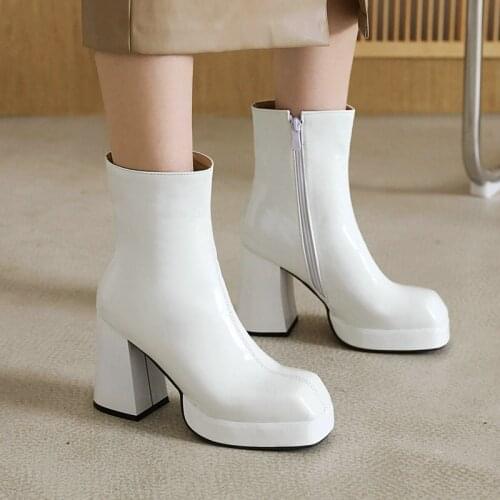 Autumn Winter Platform Women Ankle Boots Pu Leather Chunky High Heel Ankle Boots Fashion Square Toe Zipper Woman Shoes White