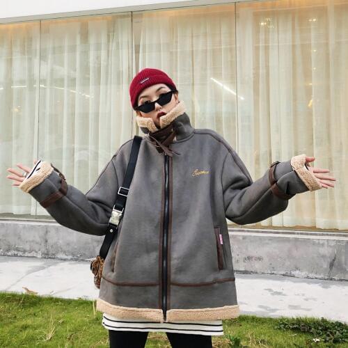 Winter female retro fashion plush collar, BF loose Street splicing ring buckles, short fleece jacket coats