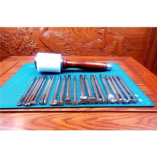 Silver 21pcs/set Leathercraft Leather Pattern Stamping Embossing Mold Leather Pattern Engrave Printing Tool With Hammer