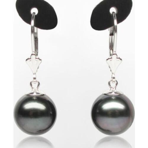 Free Shipping 10.5mm Natural Black Genuine Tahitian Pearl Drop Earrings 14K Solid White Gold
