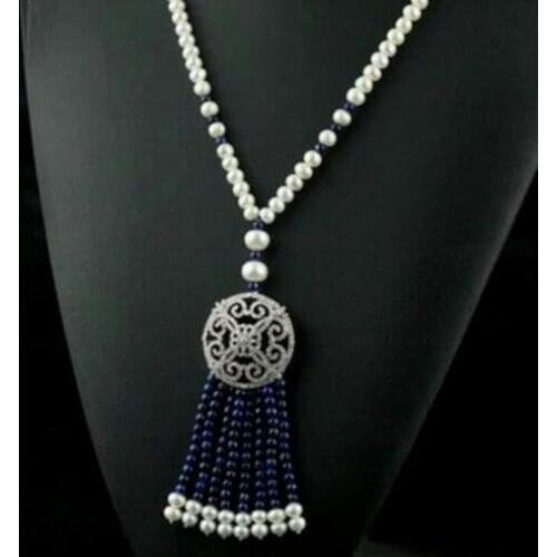 Free shipping Handmade micro inlay zircon clasp accessory Long Pearl Blue lapis lazuli Jade CZ Necklace Pendant 925 silver