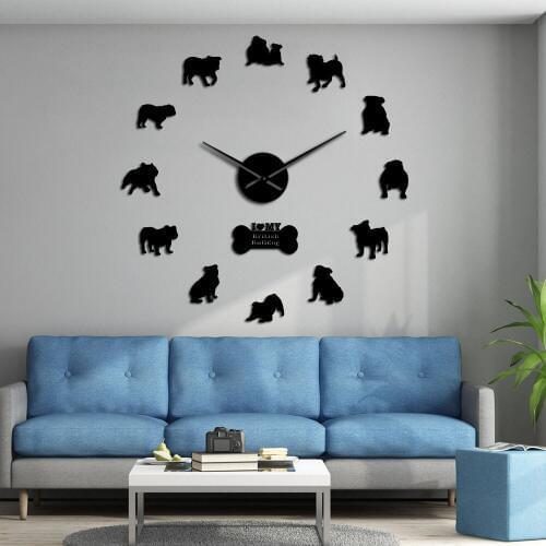 English Bulldog Puppies Big Silent Wall Clock 3D British Bulldog Wall Stickers DIY Frameless Mute Wall Watch Dog Pet Owner Gift
