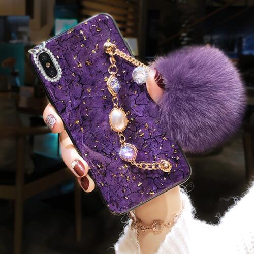 Diamond Glitter Gold Foil Case Cover With Fur Ball Crystal Hand Chain For Samsung Galaxy Note 20 10 9 8 S20 Ultra S10/9/8 Plus