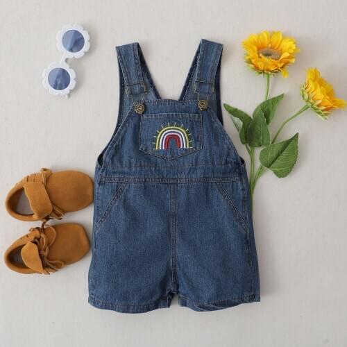 Baby Kids Denim Suspender Pants Square Neck Shoulder Buttons Rainbow Embroidered Front Pocket Unisex Romper