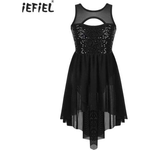 Kids Girls Sleeveless Shiny Sequins Lyrical Dance Dress With Wrap Skirt Crisscross Back Ballet Dance Costumes Leotard Dancewear