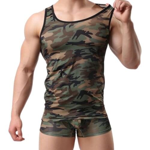 Men Tank Tops+Panties Sets Mens Camouflage Vest Elastic Bodybuilding Singlets Fitness Undershirts Sexy Underwear Lingerie Sets