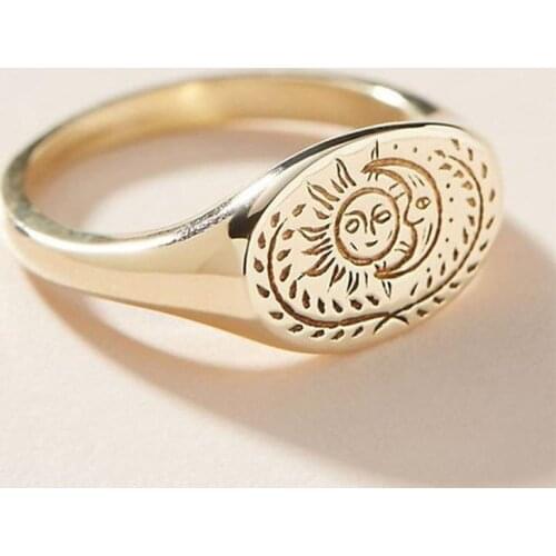 JK Exquisite Gold Sun and Moon Signet Ring Womens Family Rings Anniversary Christmas Birthday Party Mothers Day Gift Size 5-11