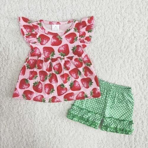Fashion Summer Girls Short Sleeve Outfits Toddler Strawberry Pattern Top And Dot Icing Ruffle Shorts Kids 2Pieces Set