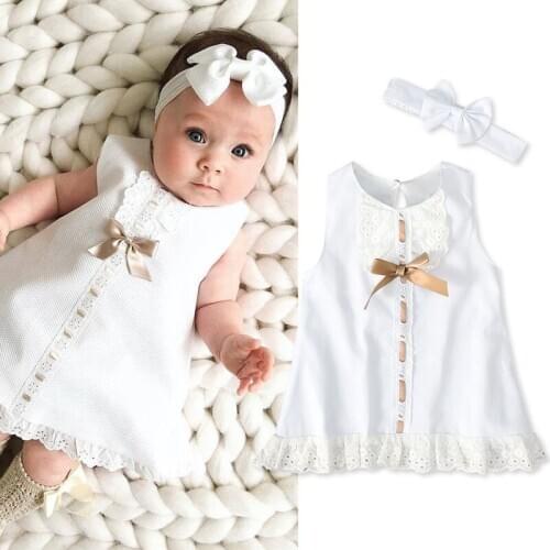 0-24M Girl Baby Clothes Bow Lace Headband Hem Sleeveless Princess Dress Sweet Solid Color Cute Baby Clothes
